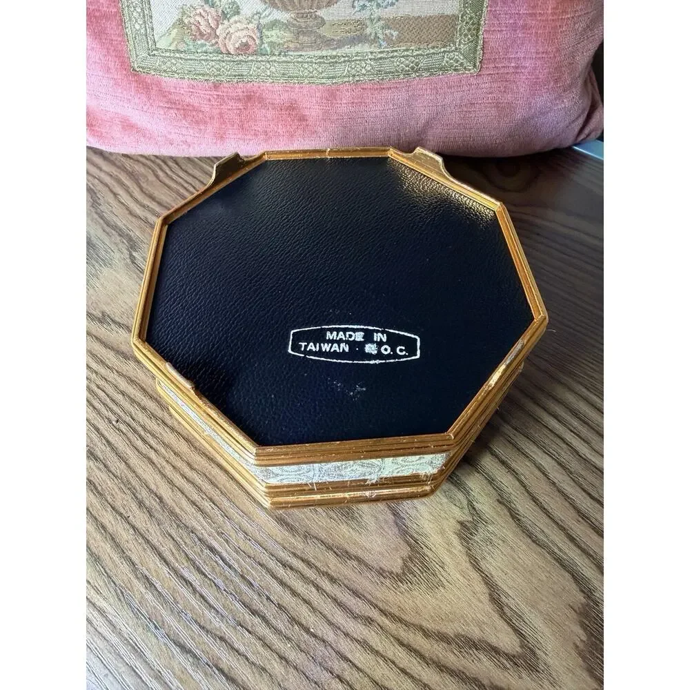 Vintage MCM Octagon Mirrored Brocade Jewelry Box - Gold Silver Threaded
